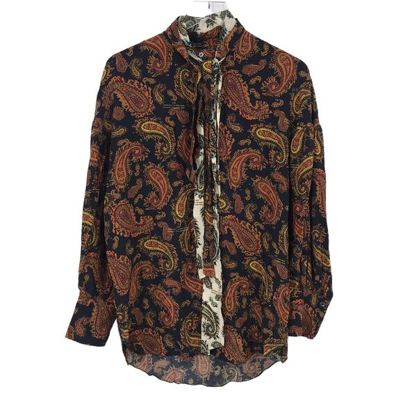 Rokh Double Tie Neck Silk Blouse 8 Paisley Button Front High Neck Long Sleeve - Picture 1 of 8